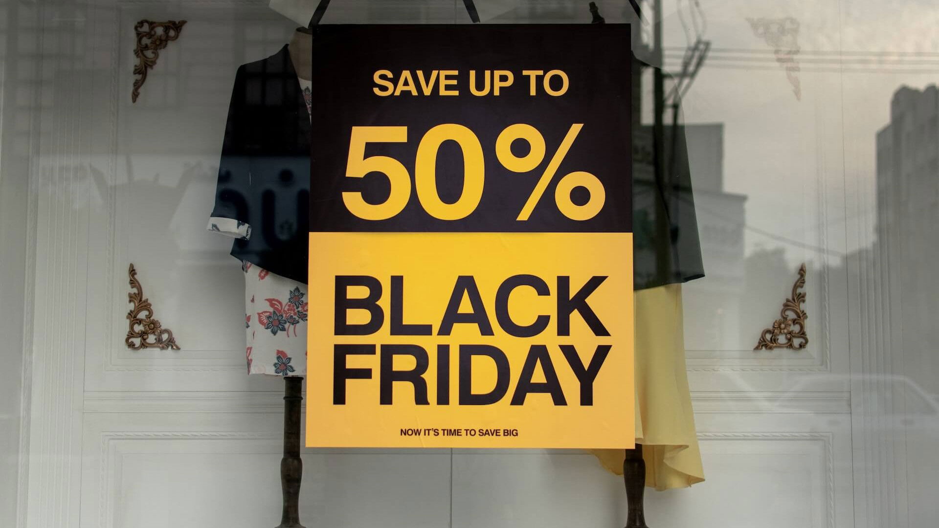 a Black Friday promotion sign at shop window