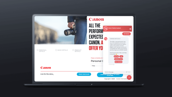 Canon Promotion Chatbot on a laptop screen