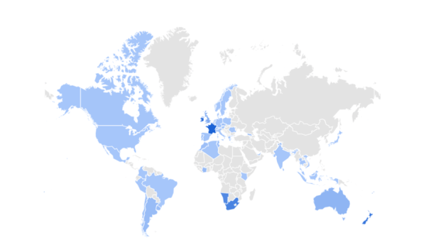 a world map highlighting all countries participating in Rugby World Cup