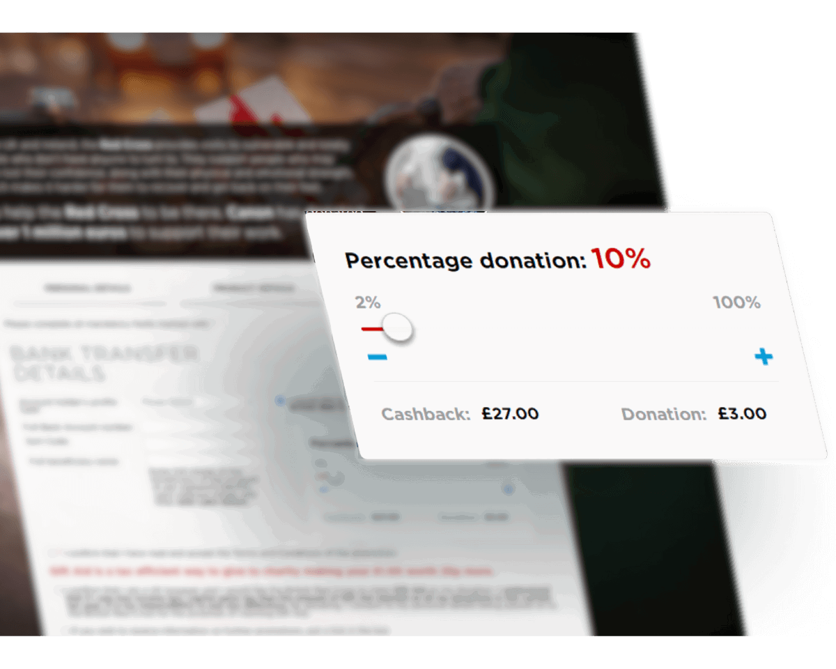 a cashback promotion form with a focus on percentage donation section