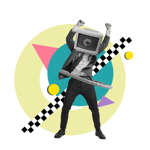 a man dancing in a suit and a television on his head