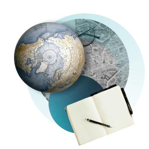 Cross cultural marketing theme image with a standing globe and a open book with a pen