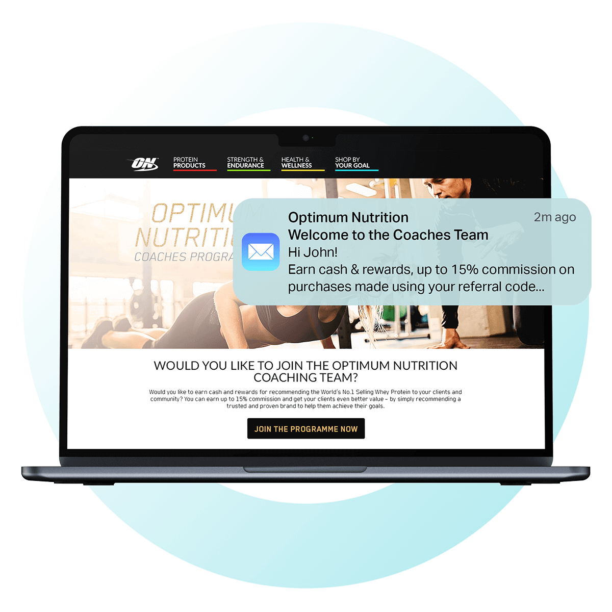 optimum Nutrition website on a laptop screen with a Email from Optimum about Referral codes