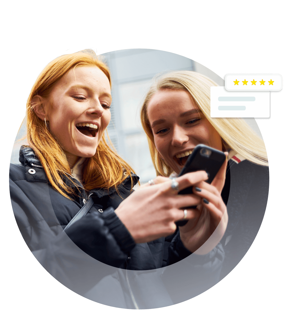 2 women smiling at phone with customer review icon