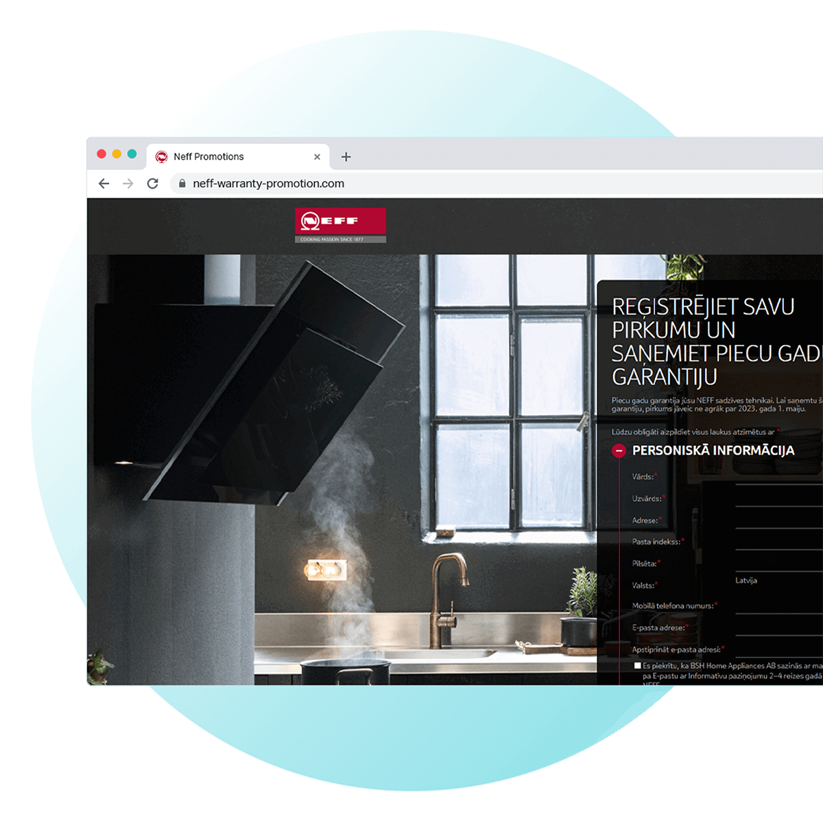Chrome Window on Neff Warranty Registration Form page on their website