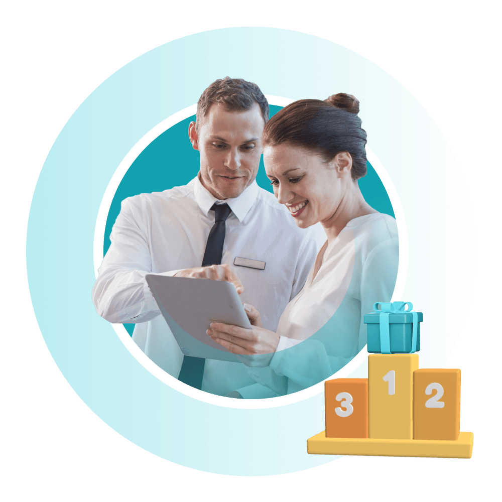 Man and woman looking at tablet with podium and gift icon