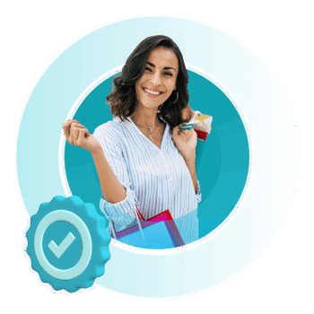 Woman shopping with guarantee icon