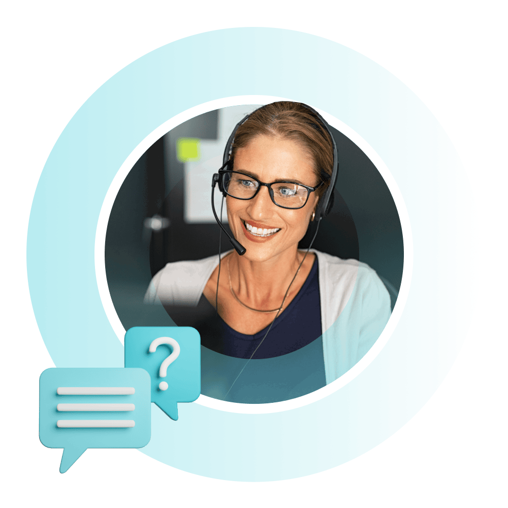 Customer service representative wearing a headset with question and answer icon