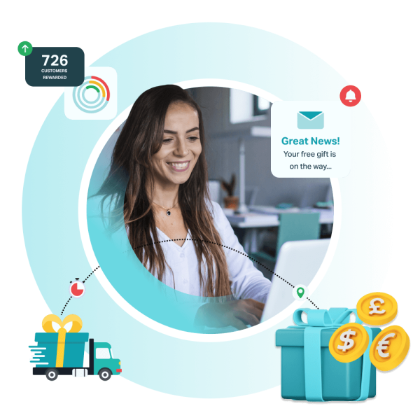 a woman looking happily at her laptop with floating icons about her claim has been successful and her free gift is on the way