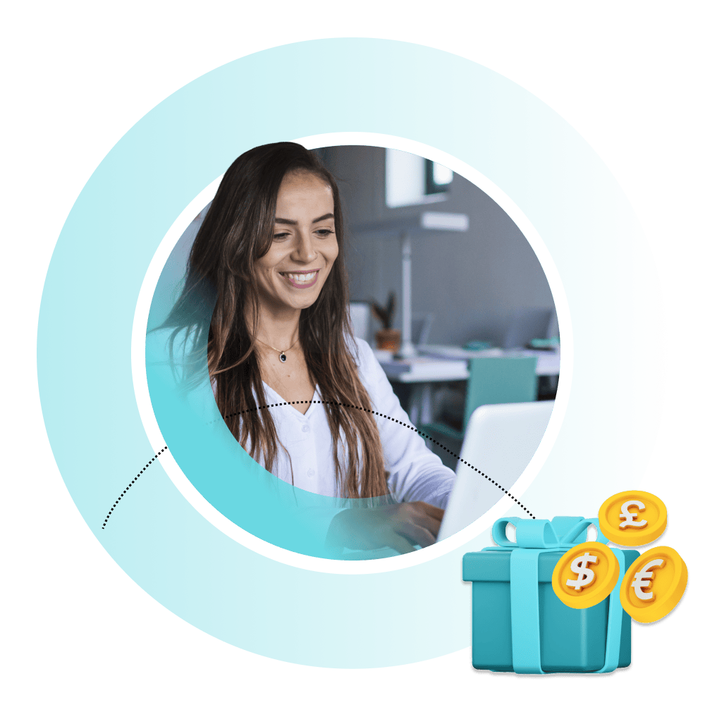 Woman smiling at her computer screen with gift and prize fulfilment icon