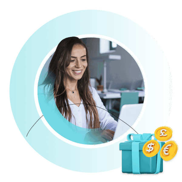 Woman smiling at her computer screen with gift and prize fulfilment icon