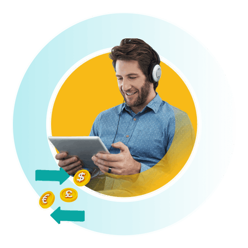 Man looking at tablet with headphones on with trade in icon