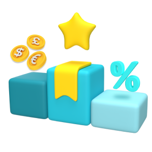 3d podium with coins, star and percentage icons