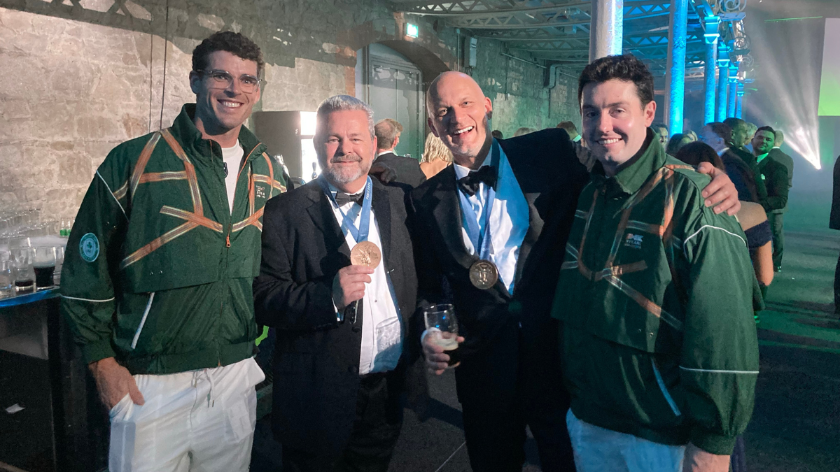 Tomas Agnew and Richard Chapman from CluneTech / TransferMate pictured with Team Ireland Rowers and Olympic medallists Philip Doyle & Daire Lynch